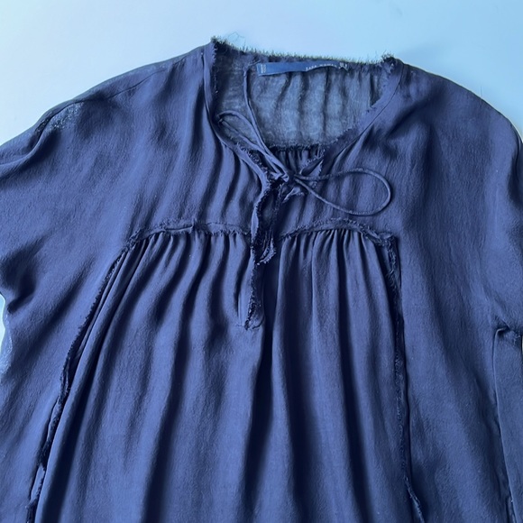 Zara Navy Silk Tunic Top with Raw Edge Seams - Picture 7 of 10